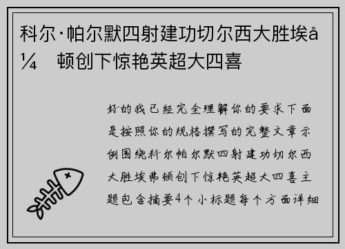 科尔·帕尔默四射建功切尔西大胜埃弗顿创下惊艳英超大四喜
